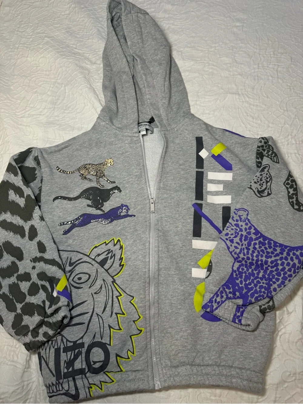 Kenzo Kids Hoodie Size 8 128 Gray Tiger Leopard Animal Print Full Zip